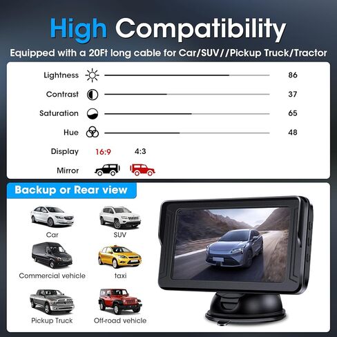 【2 Charging Methods】Backup Camera 5" AHD 1080P Back up Camera Systems for Cars Vehicle Backup Camera with Monitor LED Colored Night Vision DIY Guidelines 140° Wide Angle IP68 Reverse Camera for Truck in Kuwait