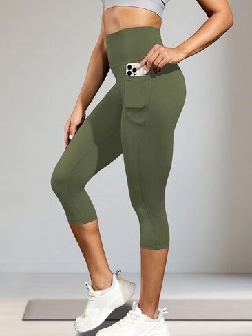 Buttery Soft Capri Leggings with Pockets, High Waisted Tummy Control No See Through Workout Yoga Capri Leggings for Women in Saudi Arabia