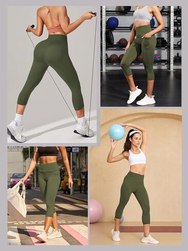Buttery Soft Capri Leggings with Pockets, High Waisted Tummy Control No See Through Workout Yoga Capri Leggings for Women in Saudi Arabia
