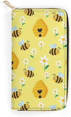 Unisex PU Leather Long Wallet Yellow Honey Bee Hive, Large Capacity Travel Purse with Multi Slots, Fashion Zipper Coin Pocket for Men & Women in Saudi Arabia