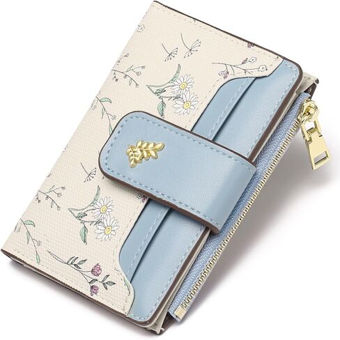 Cute Floral Print PU Leather Wallet for Women - Bifold Card Holder with Zipper Pocket, 4.92 x 3.74 inches Small Purse for Daily Use & Travel (1pcs) (apricot) in Saudi Arabia