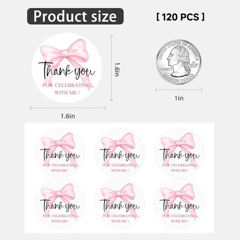120 عبوة من ملصقات شكرًا لك على شكل فيونكة وردية، ملصقات شكرًا على شكل قوس مع تصميم شريطي لطيف، ملصقات مستديرة للحفلات لحفلة استقبال المولود الجديد وعيد الحب وملصقات إغلاق على شكل مغلف، 1.6 بوصة (معي) in Kuwait