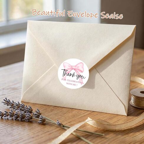 120 عبوة من ملصقات شكرًا لك على شكل فيونكة وردية، ملصقات شكرًا على شكل قوس مع تصميم شريطي لطيف، ملصقات مستديرة للحفلات لحفلة استقبال المولود الجديد وعيد الحب وملصقات إغلاق على شكل مغلف، 1.6 بوصة (معي) in Kuwait