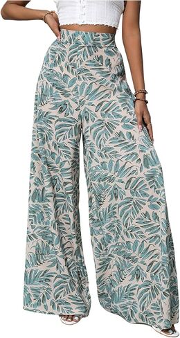 SHENHE Women's Boho Palazzo Pants Wide Leg High Waisted Tropical Print Chiffon Flowy Pants in Saudi Arabia