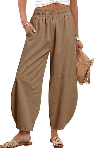 Tanming Womens Barrel Pants Mid Elastic Waisted Summer Capri Pants Loose Fit Casual Wide Leg Trousers in Saudi Arabia