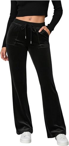 Women's Plus Size Velvet Flare Pants Fall Dressy Casual Drawstring High Waisted Trousers with Pockets in Saudi Arabia