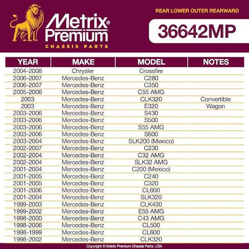 أجزاء الهيكل الفاخرة من Metrix - مجموعة جلبة ذراع التحكم الخلفية السفلية الخارجية تناسب 04-08 Chrysler Crossfire، 06-07 Mercedes-Benz C280، 06-07 C350، 05-06 C55 AMG، استبدال K200082، صنع في أوروبا in Saudi Arabia
