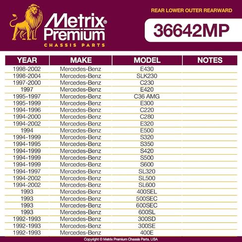 أجزاء الهيكل الفاخرة من Metrix - مجموعة جلبة ذراع التحكم الخلفية السفلية الخارجية تناسب 04-08 Chrysler Crossfire، 06-07 Mercedes-Benz C280، 06-07 C350، 05-06 C55 AMG، استبدال K200082، صنع في أوروبا in Saudi Arabia