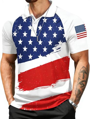 قمصان بولو قصيرة الأكمام للرجال قميص برسوم العلم الأمريكي قميص جولف وطني كاجوال in Kuwait