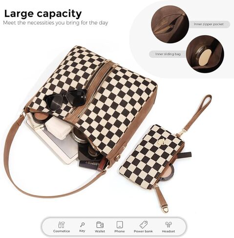 Slouchy 2 Pcs Checkered Crossbody Shoulder Bag Women Underarm Canvas Hobo Bags Travel Work Purses Handbag Tote Wallet 2026 in Saudi Arabia