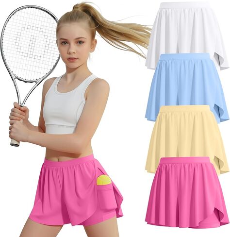 4 Pack Girls' Butterfly Shorts with Pockets Flowy Athletic Skirts 2 in 1 Running Sports Shorts Teen Youth 5-14Years in Saudi Arabia