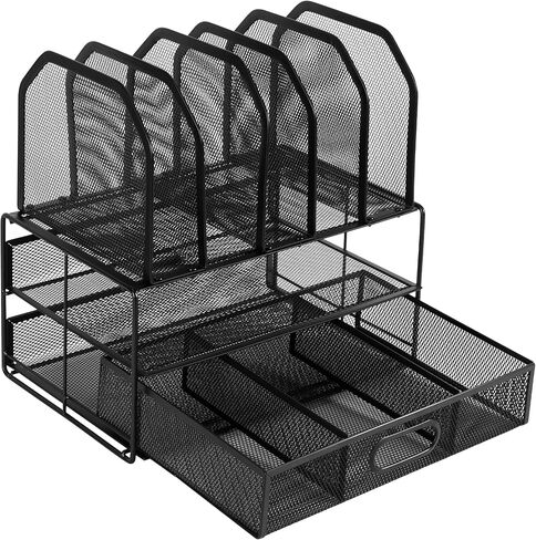 Amazon Basics Mesh Desk Organizer with Sliding Drawer, Double Tray and 5 Upright Sections, Black in Kuwait