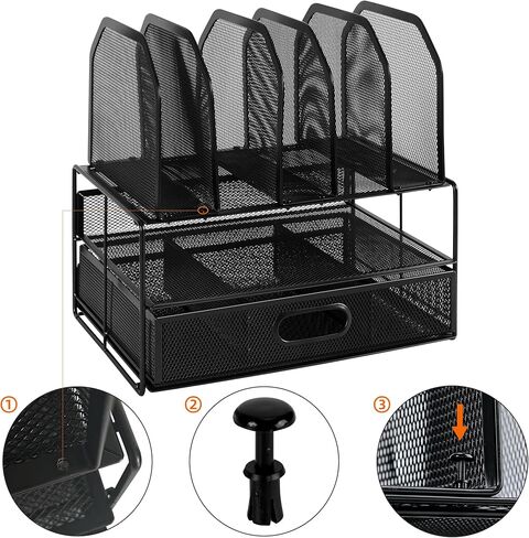 Amazon Basics Mesh Desk Organizer with Sliding Drawer, Double Tray and 5 Upright Sections, Black in Kuwait