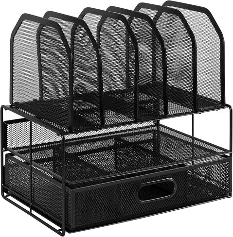 Amazon Basics Mesh Desk Organizer with Sliding Drawer, Double Tray and 5 Upright Sections, Black in Kuwait