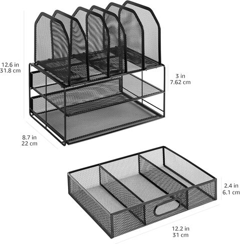 Amazon Basics Mesh Desk Organizer with Sliding Drawer, Double Tray and 5 Upright Sections, Black in Kuwait