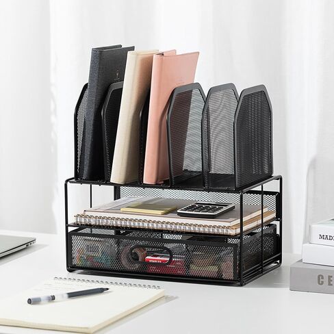 Amazon Basics Mesh Desk Organizer with Sliding Drawer, Double Tray and 5 Upright Sections, Black in Kuwait