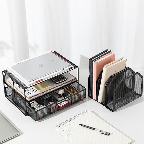 Amazon Basics Mesh Desk Organizer with Sliding Drawer, Double Tray and 5 Upright Sections, Black in Kuwait