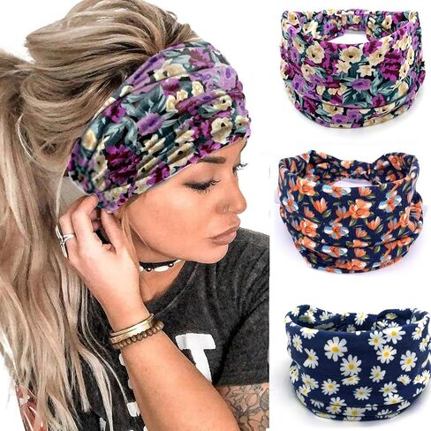 3 Pcs Hairbands for Women Workout Yoga Twisted Knotted Wide Headbands Soft Fashion Elastic Solid Headwrap Lady’s Sports Hair Accessories Band(Beige,Black,Gray) in Saudi Arabia
