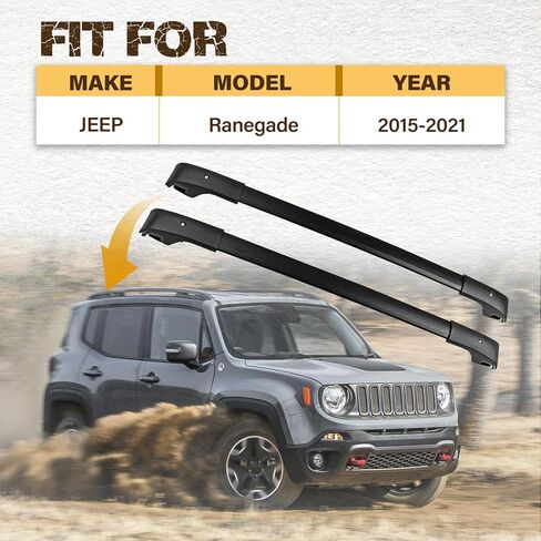 حامل أمتعة بقضبان متقاطعة على السقف مناسب لسيارة Jeep Ranegade 2015-2021 أقصى حمولة 200 رطل/90 كجم لحقيبة حمل البضائع والأمتعة وقوارب الكاياك والدراجة على الجليد ولوح التزلج in Saudi Arabia
