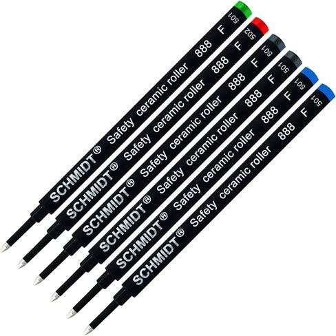 Schmidt 888 Safety Ceramic Rollerball Refill - Black, Blue, Green, Red Ink (Fine Tip 0.6mm) - Pack of 6 in Saudi Arabia