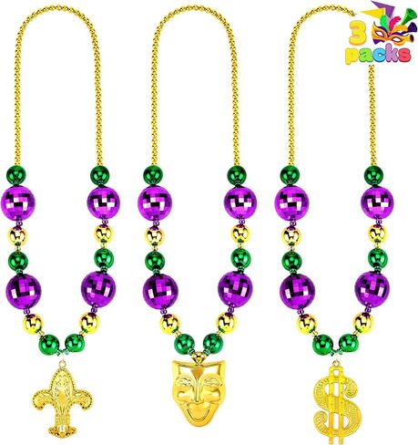 JOYIN 3 Pcs Mardi Gras Jumbo Bead Necklaces, Disco Gold Green Purple Necklaces Beads for Mardi Gras Party Decorations Supplies, Costume Accessories Favors in Saudi Arabia