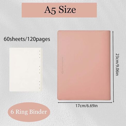 A5 PU Leather Binder Cover, 6 Ring Loose Leaf Notebook with 60 Sheets Blank Dowling Paper, Refillable Round Ring A5 Binder for School Supplies, Meeting Records, Budget Notebook Folder(Pink) in Kuwait