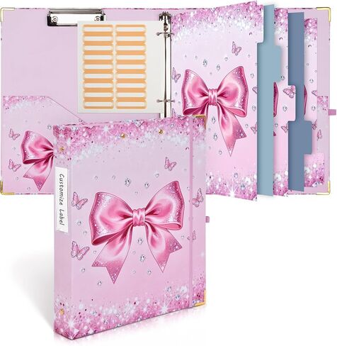 ملف مقاس 1 بوصة مكون من 3 حلقات مع حافظة، تصميم لطيف على شكل فيونكة وردية اللون، يحمل 200 ورقة بحجم A4، جيوب داخلية و5 فواصل لعلامات التبويب، مجلد وردي كلاسيكي جميل للوازم المكتبية المدرسية (فيونكة ماسية وردية) in Kuwait