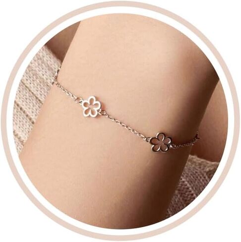 Dainty Silver Gold Bracelets for Women Trendy Non Tarnish 14K Gold Plated Cute Clover Bracelet Stackable Daisy Cubic Zirconia Diamond Charm Bracelet Stack Waterproof Jewelry Christmas Gifts in Kuwait