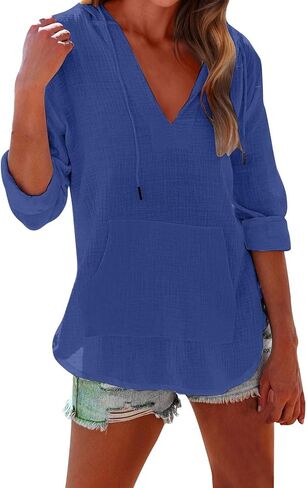 Women's Beach Cover Up Long Sleeve Summer Linen Shirt Hoodies Sweatshirt V Neck with Pocket Hooded Tops in Saudi Arabia