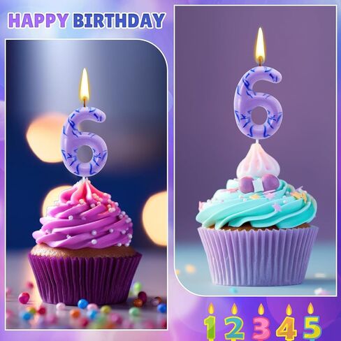 Lounsweer Number 6 Kpop Party Birthday Candles 2.4 ×1.6" Purple Number Birthday Candles with Themed Tattoo Cake Topper Candle for Kpop Theme Party Anniversary Cake Decoration Supplies Favors in Saudi Arabia
