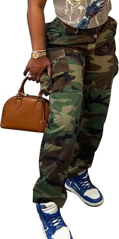 بنطلون Ptorlio Camo البضائع للنساء كاجوال فضفاض واسع الساق Y2k منخفض الارتفاع ملابس الشارع الشهير التمويه بانت مع جيوب in Kuwait
