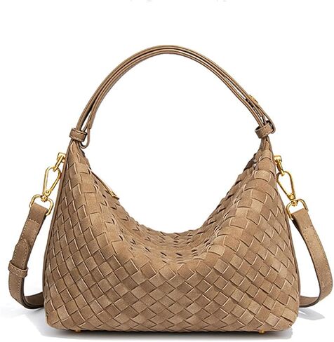 حقائب هوبو من جلد الغزال البني من SKYK للنساء، محفظة كتف عصرية تحت الإبط، حقيبة كروس هلالية منسوجة، حقيبة يد مترهل (كاكي) in Kuwait