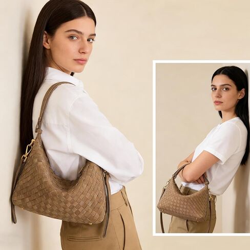 حقائب هوبو من جلد الغزال البني من SKYK للنساء، محفظة كتف عصرية تحت الإبط، حقيبة كروس هلالية منسوجة، حقيبة يد مترهل (كاكي) in Kuwait