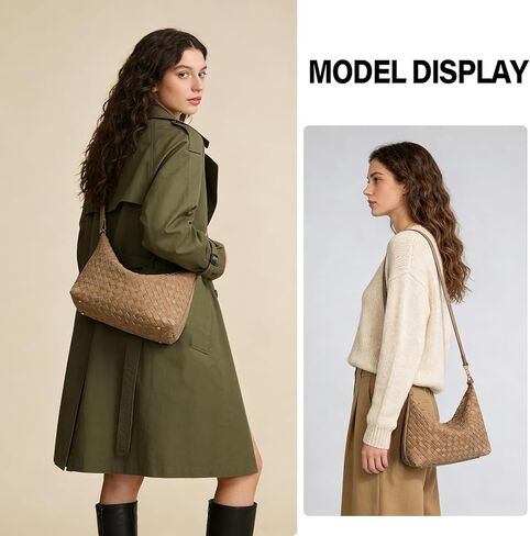 حقائب هوبو من جلد الغزال البني من SKYK للنساء، محفظة كتف عصرية تحت الإبط، حقيبة كروس هلالية منسوجة، حقيبة يد مترهل (كاكي) in Kuwait