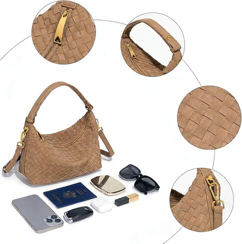 حقائب هوبو من جلد الغزال البني من SKYK للنساء، محفظة كتف عصرية تحت الإبط، حقيبة كروس هلالية منسوجة، حقيبة يد مترهل (كاكي) in Kuwait