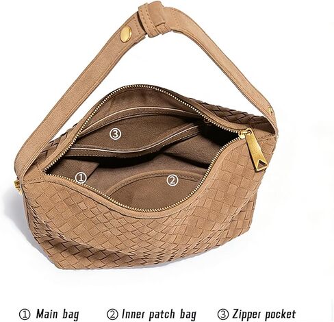 حقائب هوبو من جلد الغزال البني من SKYK للنساء، محفظة كتف عصرية تحت الإبط، حقيبة كروس هلالية منسوجة، حقيبة يد مترهل (كاكي) in Kuwait