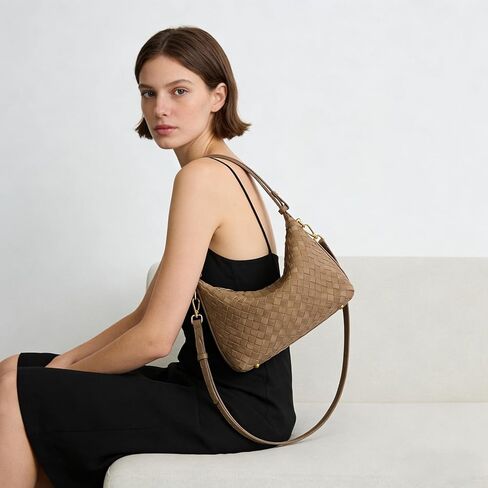 حقائب هوبو من جلد الغزال البني من SKYK للنساء، محفظة كتف عصرية تحت الإبط، حقيبة كروس هلالية منسوجة، حقيبة يد مترهل (كاكي) in Kuwait