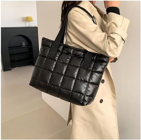 Women's Large Padded Tote Bag - Winter Casual, Lightweight & Spacious with Zipper Closure, Durable Polyester, Coffee & Black in Saudi Arabia