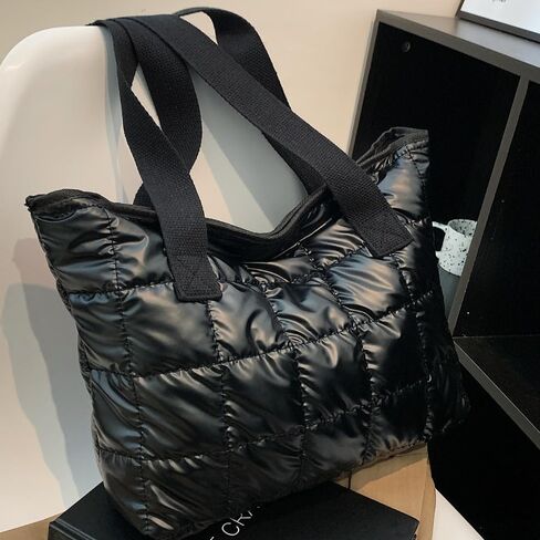 Women's Large Padded Tote Bag - Winter Casual, Lightweight & Spacious with Zipper Closure, Durable Polyester, Coffee & Black in Saudi Arabia