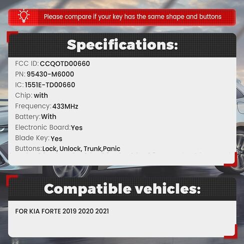 Beefunny Flip Key Fob Replacement for Kia Forte 2019 2020 2021 Remote Control Car Key fob Transmitter 433MHz FCC ID:CQOTD00660 P/N:95430-M6000 in Saudi Arabia