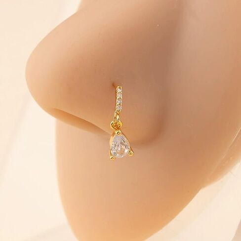 20G CZ Teardrop Dangle Nose Rings for Women 14K Gold Plated Surgical Steel Cubic Zirconia Dangling Hoop Nose Ring Nose Nostril Piercing Jewelry in Saudi Arabia