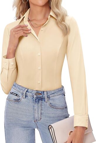 siliteelon Womens Stretch Button Down Shirts Slim fit Long Sleeve Dress Shirt Wrinkle Free Collared Business Casual Blouse in Saudi Arabia
