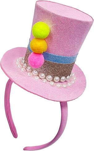Easter Mini Top Hat Headband Pink Glitter with Multi-Color Pom Poms, Crazy Hat Day Spring Tea Party Hair Accessories, Kids Costume Dress Up in Saudi Arabia