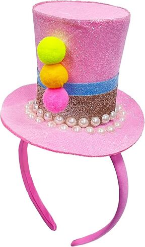 Easter Mini Top Hat Headband Pink Glitter with Multi-Color Pom Poms, Crazy Hat Day Spring Tea Party Hair Accessories, Kids Costume Dress Up in Saudi Arabia