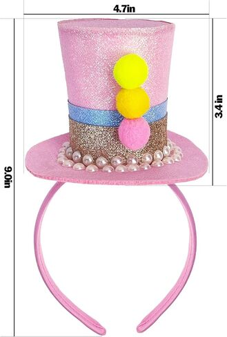 Easter Mini Top Hat Headband Pink Glitter with Multi-Color Pom Poms, Crazy Hat Day Spring Tea Party Hair Accessories, Kids Costume Dress Up in Saudi Arabia
