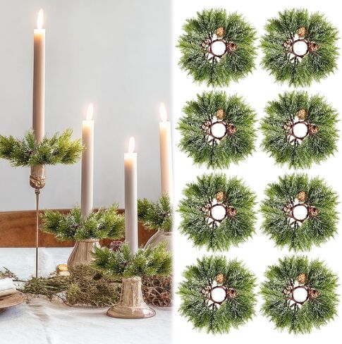 12 Pack Christmas Pine Taper Candle Rings Wreaths Decorations 1.38 Inch Mini Pine Taper Candle Holder Wreaths for Xmas Holiday Church Home Table Centerpiece Candlesticks Decor in Saudi Arabia