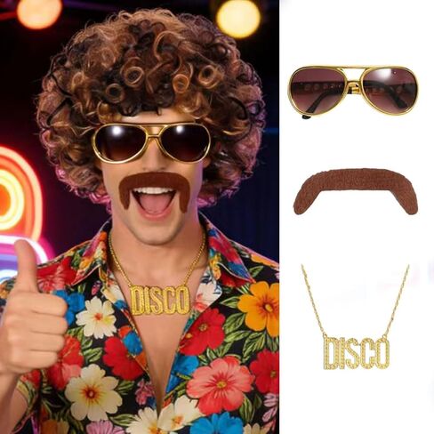 Disco Wig 5Pcs Set (Wig+ Glasses+ Necklace+ Mustache+ Wig Cap) 70'S Costumes Wig Afro Wig Men Short Curly Natural Fluffy Synthetic hair Wig for Halloween Disco Party (Style-B) in Saudi Arabia