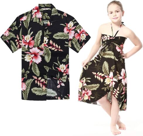 Matching Hawaiian Luau Outfit Men Shirt Girl Dress in Black Rafelsia in Saudi Arabia