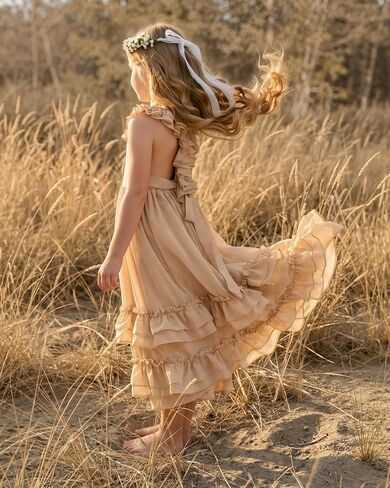 Boho Flower Girl Dress Chiffon Ruffle Backless Toddler Girls Dress for Beach Wedding Photoshoot in Saudi Arabia