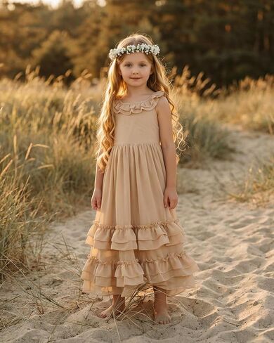 Boho Flower Girl Dress Chiffon Ruffle Backless Toddler Girls Dress for Beach Wedding Photoshoot in Saudi Arabia